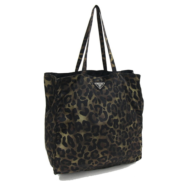 Prada Nylon Bag Black Khaki Pouch Bag Tote Leopard Green Shoulder - Picture 1 of 8